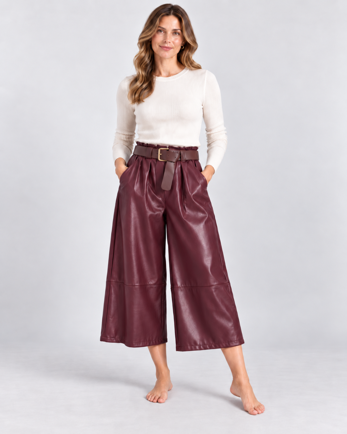 Leatherlook Cropped Wide-Leg Calças