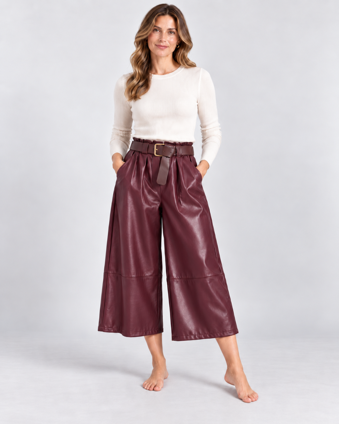 Leatherlook Cropped Wide-Leg Calças